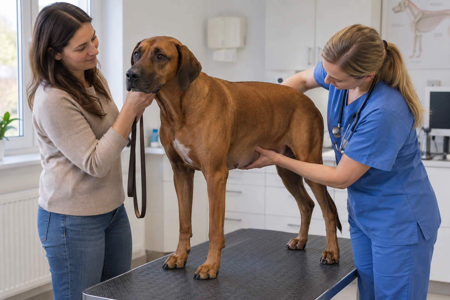 Veterinárka vyšetruje zväčšené brucho psa na stole